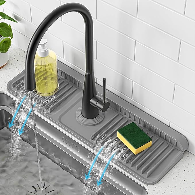 PoYang 17.7 Inch Faucet Mat for Kitchen Sink Splash Guard, Silicone, Grey | Sink Protectors with 7° Slope for Smooth Drainage, Snap Button Holds It in Place, 90° Foldable & Cuttable Hole Fit Most Sinks by PoYang