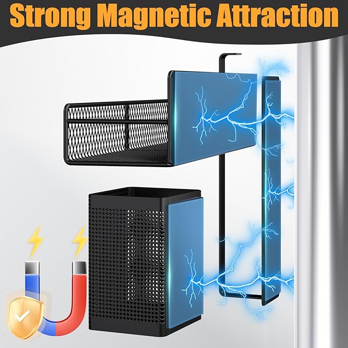 Magnetic Spice Rack for Refrigerator, 6 Pack 100% Metal Strong Magnet Shelf Black, Space Saving Spice Organizer, Home Kitchen Laundry Room Storage Organization W/ Paper Towel Holder, Utensils Racks - Image 3