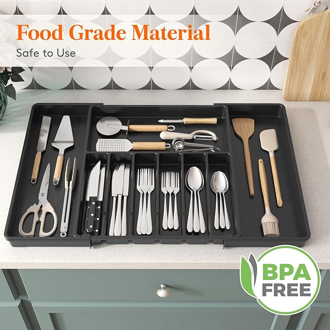 Lifewit Extra Large Silverware Drawer Organizer, Expandable Utensil Tray | BPA Free Flatware Cutlery Holder for Kitchen, Adjustable Plastic Storage for Spoons Forks Knives, 17- 30 x 18.5", Black - Image 8
