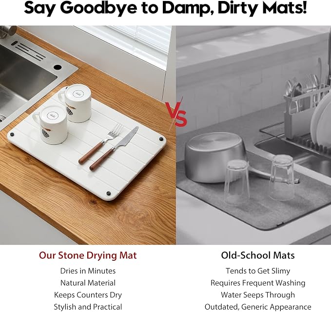 Stone Dish Drying Mat for Kitchen Counter, Water Absorbing Bathroom Tray Sink Organizer, Diatomaceous Earth Countertop Dish Rack Riser Sponge Holder Soap Dish, White, 16" x 12" - Image 7