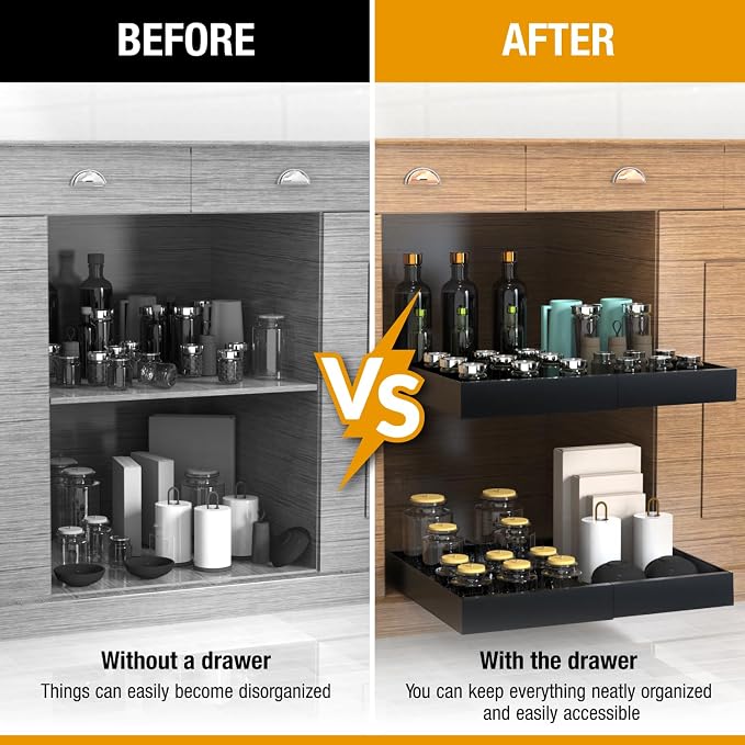 Expandable Pull Out Drawers for Cabinets(Black) : Kitchen and Pantry Organizer, Sliding Cabinet Organizer with Adhesive, Under Sink and Pots Storage, Depth 16.5". expandable pull out cabinet organizer - Image 9