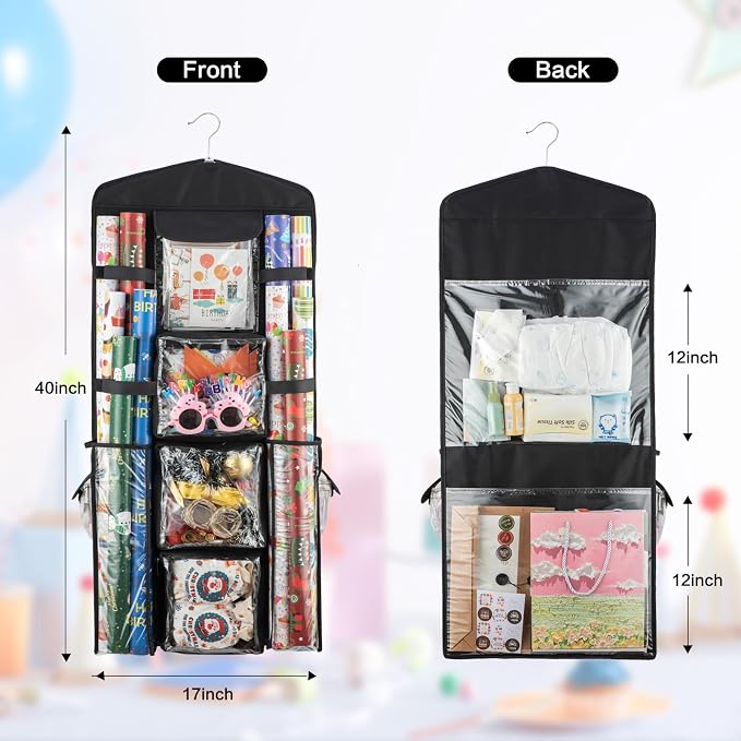 Christmas Wrapping Paper Organizer Storage, Hanging Gift Bag Storage Organizer, Double-Sided Wrapping Paper Holder Storage - Black - Image 3