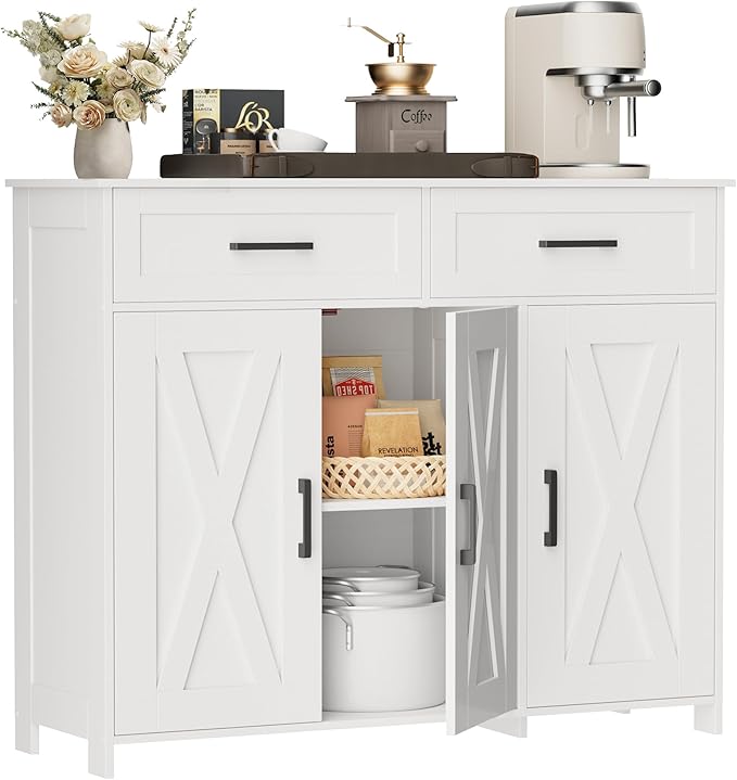 Homhedy Coffee Bar Storage Cabinet with Drawers, Kitchen Buffet Cabinet | Sideboard Cabinet with Doors, Farmhouse Buffet Cabinet, Adjustable Shelves, for Kitchen / Dining / Living Room, White - Image 3