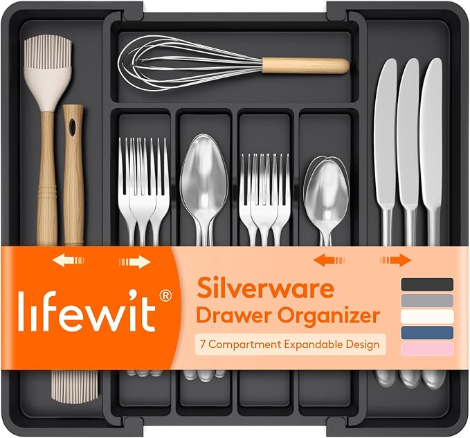 Lifewit Expandable Silverware Organizer, Plastic Utensil Tray for Kitchen Drawer, BPA Free Flatware Cutlery Holder, Space-Saving Storage for Spoons Forks Knives, 8-13.8 x 11.2 x 1.4 inch, Black by Lifewit