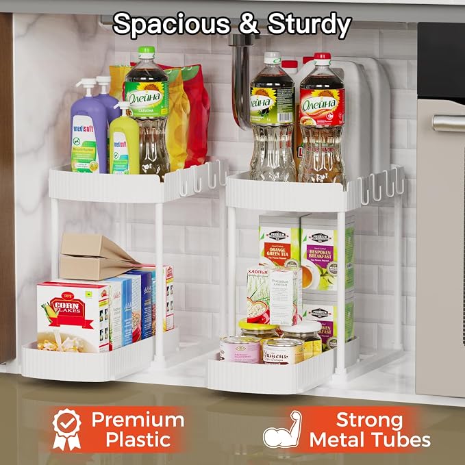 2 Packs Under Sink Pull-Out Storage Organizers, 14.8 Inches, White | Multi-Purpose Cabinet Organizers and Storage for Bathroom & Kitchen - Image 3