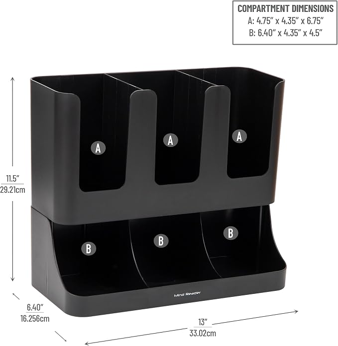 Mind Reader Condiment Station, 13 Inch Countertop Coffee Bar Organizer with 6 Compartments, Storage Caddy for Cups, Lids and Packets, Plastic, Black - Image 3