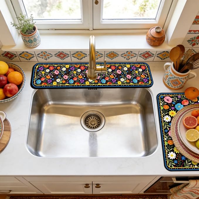 3 Pcs 2 Size Kitchen Sink Splash Guard Faucet Mat Bohemian Flowers Pattern Faucet Mats for Sinks Colorful Flower Absorbing Drying Mat for Kitchen Bathroom - Image 6