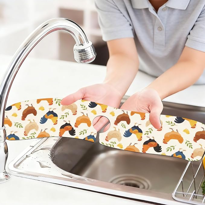 2 Pcs Kitchen Sink Splash Guard Faucet Mat Cute Rooster Faucet Mat for Sinks Leaves Pattern Absorbing Drying Mats for Kitchen Bathroom, 23.6x5.5inch - Image 6