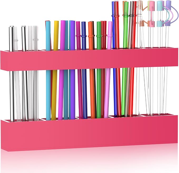 9.5” Large Acrylic Straw Holder for Cabinet Door, Adjustable Two-Part | Reusable Straws Organizer with Ultra Sticky Adhesive Strips, 2026 Straw Storage for Kitchen Cupboard (Hot Pink) by Rycid