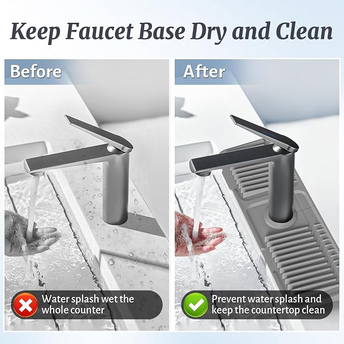 PoYang 17.7 Inch Faucet Mat for Kitchen Sink Splash Guard, Silicone, Grey | Sink Protectors with 7° Slope for Smooth Drainage, Snap Button Holds It in Place, 90° Foldable & Cuttable Hole Fit Most Sinks - Image 7