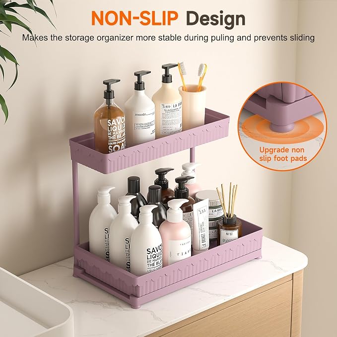 3-Pack 2-Tier L-Shaped Under Sink Organizers with Sliding Drawers | Multi-use kitchen & bathroom storage, 12.85 inch pink cabinet organizer, space-saving sliding drawer design. - Image 4