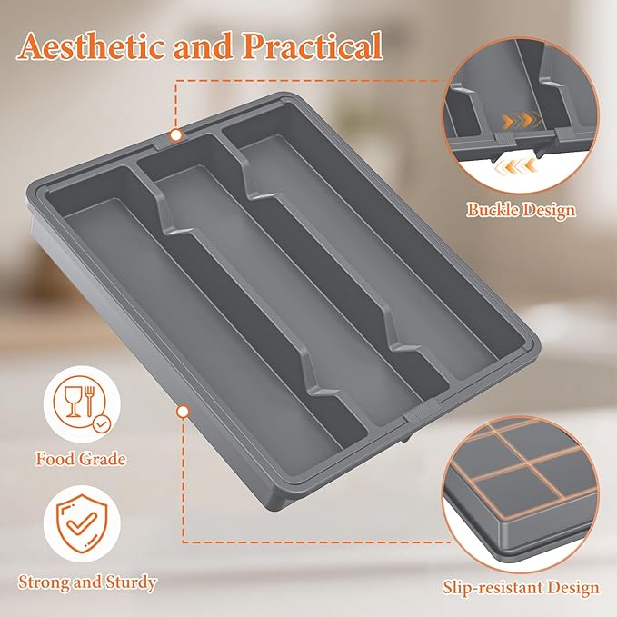 Large Expandable Silverware Drawer Organizer, Utensil Tray | Kitchen Drawer Organizer for Spoons/Forks/Knives, Multipurpose & BPA Free Cutlery Tray(1 Pack, Gray) - Image 6