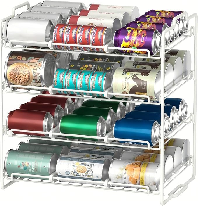 4 Tiers Stackable Can Rack Organizer, Wear-resistant Upgrade Beverage Food Can Dispenser Holder Holds up to 48 Cans for Kitchen Cabinet and Pantry (White) by Sulishang