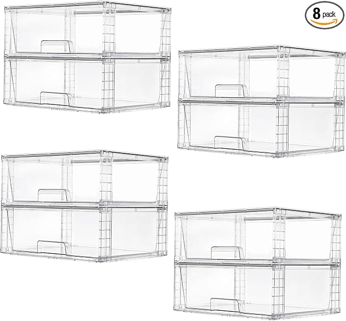 Vtopmart 8 Pack Large Clear Stackable Storage Drawers for Closet, Pantry | Easily Assemble Bathroom Closet Undersink Organizers,Plastic Bins for Cabinet,Kitchen Pantry,Medicine Organization by Vtopmart