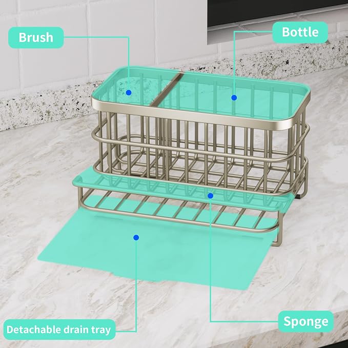 HapiRm Kitchen Sink Caddy Organizer - Versatile Sponge Holder with Drain Tray, SUS304 Stainless Steel Rustproof Kitchen Sink Organizer Storage for Countertop- Brushed Nickel - Image 5