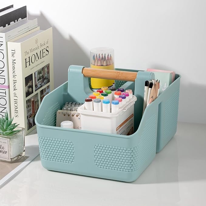 Plastic Shower Caddy Portable Shower Basket with Bamboo Handle, Blue | Cleaning Caddy Organizer Storage Tote for Bathroom, College Dorm Essentials, Bath Toy Storage - Image 6