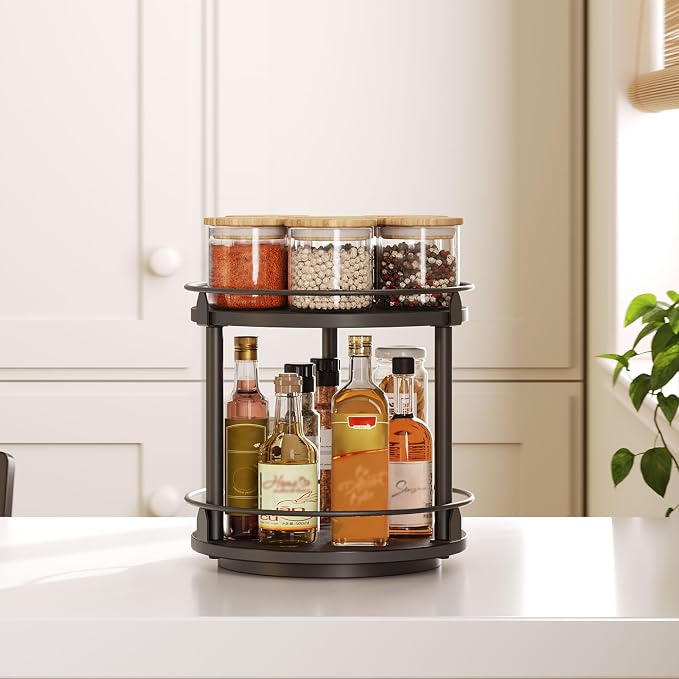 Lazy Susan Organizer, Rotating Spice Rack, 2 Tier Spice Turntable Organizer, Industrial Turntable Spice Holder, for Kitchen Countertop and Cabinet, Compact and Versatile, Black SR22BK - Image 2