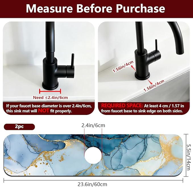 2 Pcs Marble Texture Kitchen Sink Splash Guard Faucet Mat | Marble Texture Faucet Mat for Sinks Absorbing Drying Mat for Kitchen Bathroom, 23.6x5.5inch - Image 2