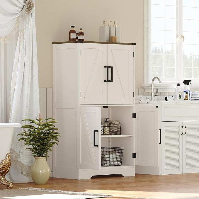 Treocho Farmhouse Bathroom Floor Cabinet with Adjustable Shelves | 11.81"D x 23.62"W x 43.46"H, Freestanding Kitchen Pantry Cabinet, Cupboard for Living Room, Dining Room, White - Image 8