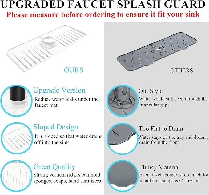 YATOISUR Sink Splash Guard 14.4” x 5.4” - Sink Faucet Mat with Faucet Water Catcher Mat & Soap Dish & Sponge Holder 3 in 1 - Silicone Faucet Handle Drip Catcher Tray for Kitchen RV & Bar Faucet, White - Image 5