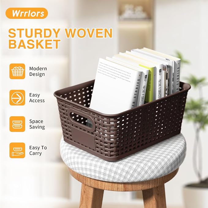 8 Pack Plastic Storage Baskets,Brown Stackable Storage Bins | 5.3qt Storage Containers with Labels for Organizing Shelves Drawers Desktop Closet Playroom Classroom Office - Image 6