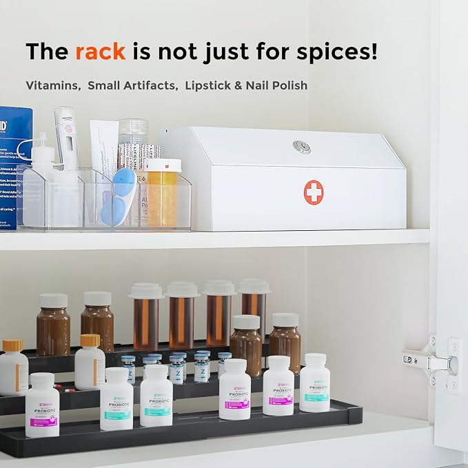 Expandable Spice Rack Organizer - 3 Tier Adjustable Spice Organizer for Cabinet & Countertop - Easy Visibility - Black - Image 7