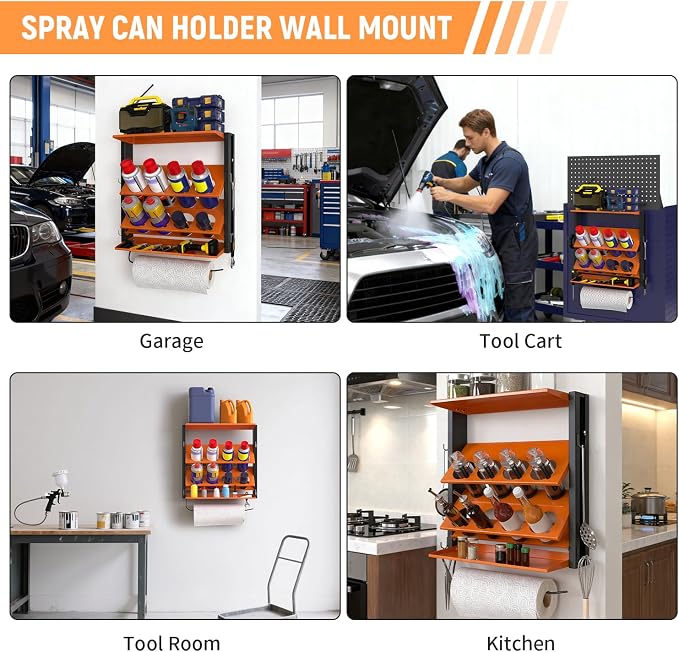 Spray Bottle Holder Wall-Mounted, Aerosol Spray Can Holder, Heavy Duty Paint Bottle Organizer with 8 Can Holes 80 LBS, Utility Storage Rack With Paper Towel Holder for Garage, Shop or Tool Trailer - Image 8