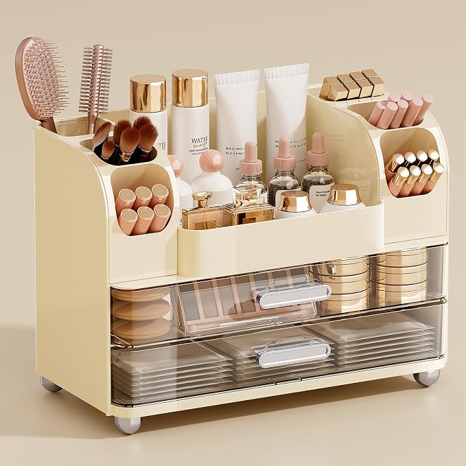 UFORU Makeup Organizer Countertop with 2 Large Drawers for Vanity Bathroom | Brush Holder, Large Capacity, Thickened Plastic, Compact Footprint, Space-Saving Design, Easy Clean, Ideal for Dorm Rooms by UFORU