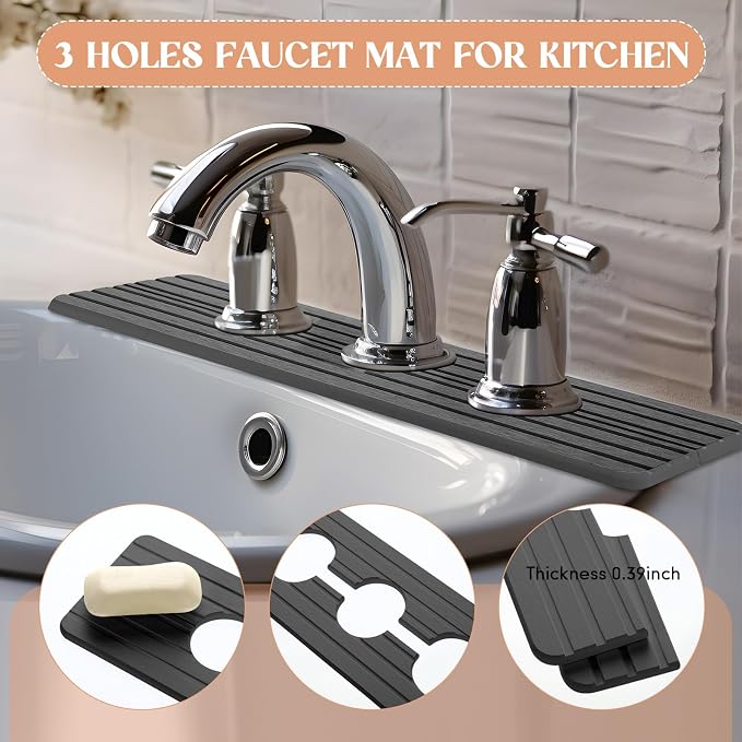 Teenyyou 3 Hole Gray Faucet Mat Kitchen Sink 15.94" x 4.92" | Bathroom Faucet Absorbent Mat,Diatomite Splash Guard,Quick Drying Drip Catcher,Hole 2.36",Holes Spaced About 1.65" - Image 5