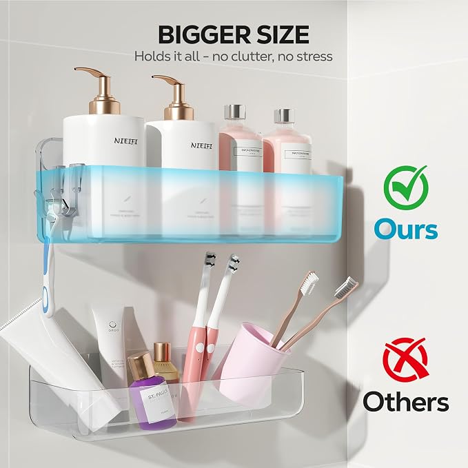 Nieifi Adhesive Shower Shelves, Clear, 3 Pieces | Rustproof ABS, Large Capacity, Removable Design, Easy-Clean, No Drilling Shower Organizer for Bathroom Storage & Home Decor - Image 4