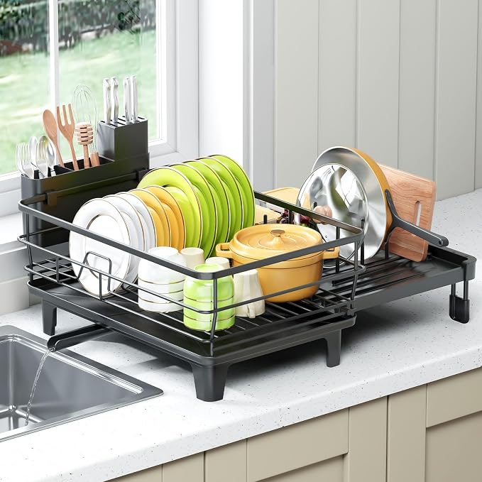TOOLF Expandable Dish Drying Rack for Kitchen Counter, Black | Extendable 12"-22"W, Fast Draining, Large Capacity, Fits Large Plates, Utensil Holder, 3-4 People Family by TOOLF