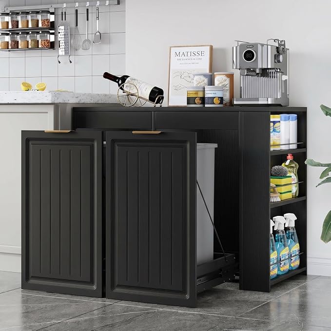 Double Pull Out Trash Can Cabinet 2x13 Gallon, Side Storage Rack, Black | Pet Proof, Freestanding Kitchen Cabinet, Garbage Recycling, Laundry Hamper, Modern Farmhouse Waste Bin Furniture by ZIFTY