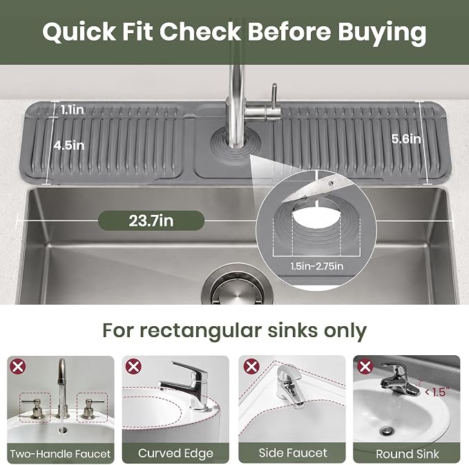 24 Inch Faucet Mat for Kitchen Sink, Silicone Splash Guard for Kitchen Sink Area, 7° Slope Fast Self-Draining Sink Mat, Cuttable Hole Design, Sink Backsplash Guard Draining Mat, Dark Grey - Image 2