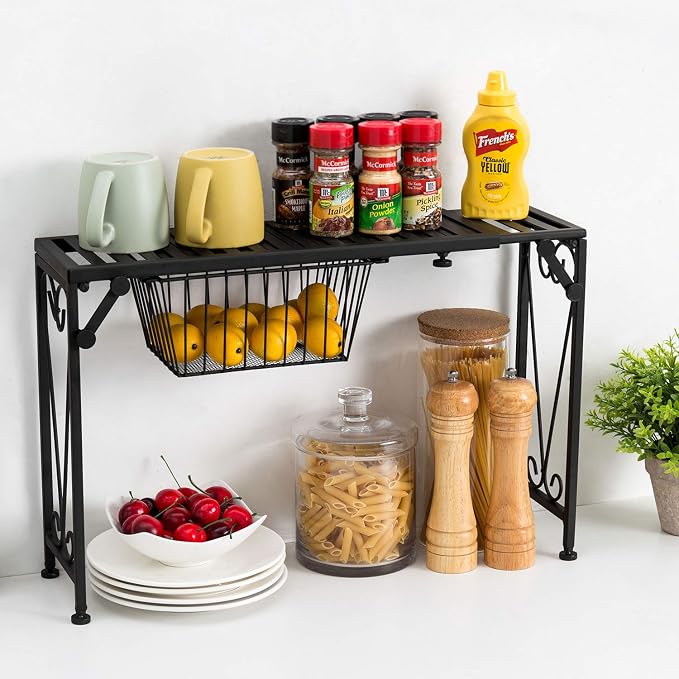 MyGift Expandable Black Metal Over Sink Shelf with Pull Out Drawer | Kitchen & Bathroom Organization, Countertop Space Saver, Adjustable Design, Hidden Drawer, Decorative Scrollwork Accent - Image 2