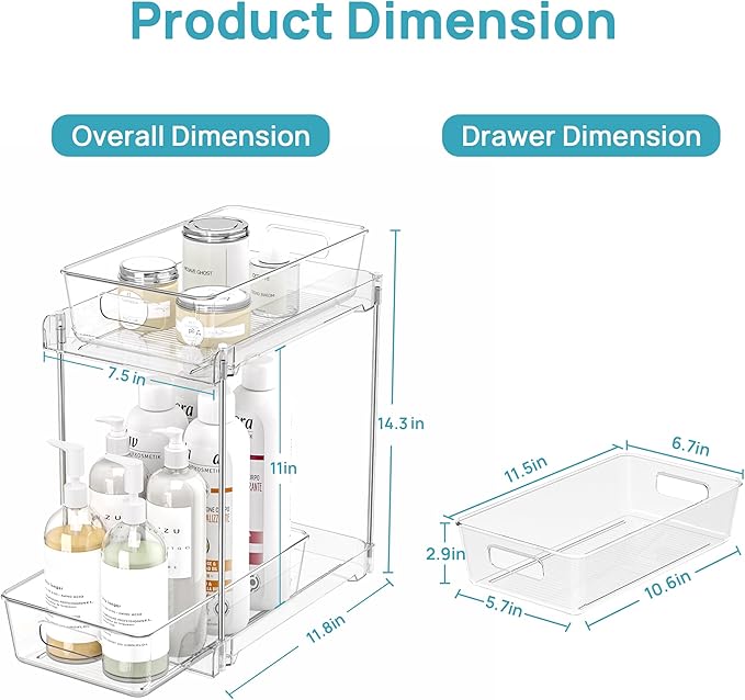Vtopmart 2 Pack Taller Pull Out Bathroom Under Sink Organizer (S-Higher) | Slide-out drawers, Multi-purpose storage, Clear visibility, Easy Set-up - Image 2