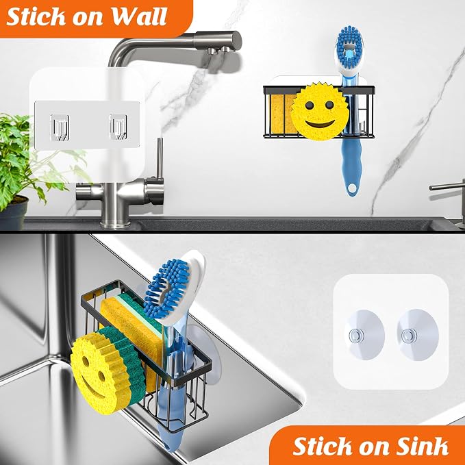 MURLONG Sponge Holder Smiley Face, Sink Organizer with 2 Suction Cups/1 Adhesive Strips, Designed for Sponge, Soap, Dish Brush, Scrubber - Black - Image 7