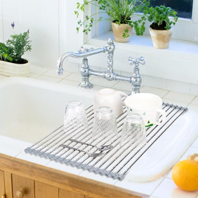 Hhyn Roll-Up Sink Drying Rack 17.7"(L) x 13.8"(W), Gray | Multipurpose Heat Resistant Over The Stainless Steel & Silicone Dish Rollable Kitchen Drainer - Image 2