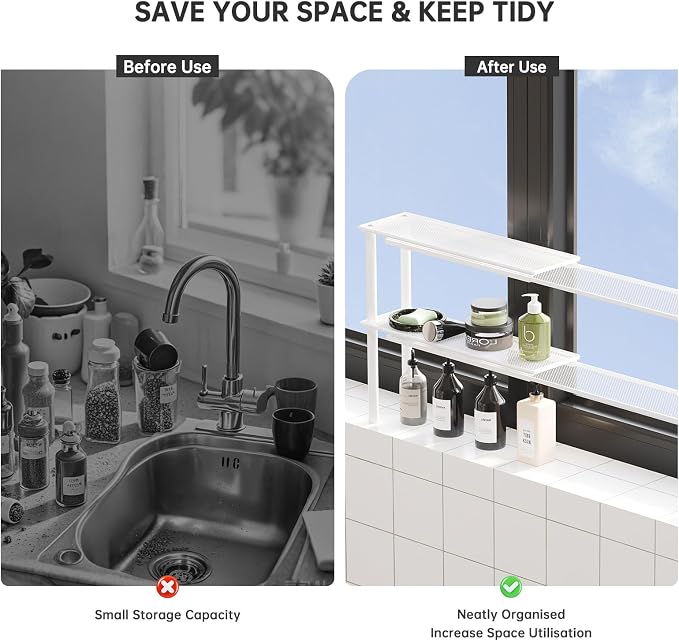 Expandable Kitchen Sink Organizer Window Shelf for Plants Stackable Narrow Shelves Kitchen Countertop Holder Mesh Design (1, White (Depth 3.54")) - Image 7