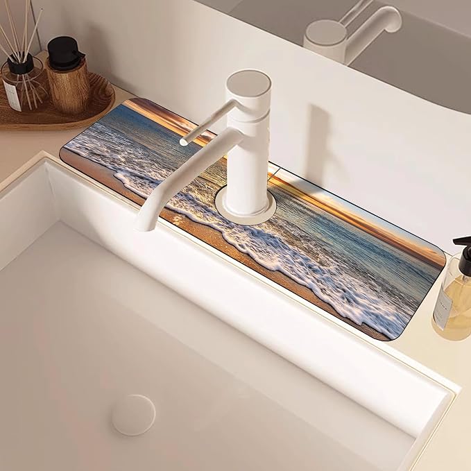 Faucet Mat for Kitchen Sink Seaside Scene Island Sink Splash Guard Behind Faucet Soft Diatom Mud Material Non-slip Easy to Clean for Bathroom & Kitchen 15"X5.5" - Image 5