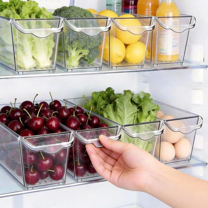 4 Pack Slim Fridge Organizer Bins, BPA Free Clear Refrigerator Storage Containers, Clear Pantry Organization & Cabinet Bins with Handles, Narrow Freezer Bin for Kitchen, Mini Fridge - Image 4