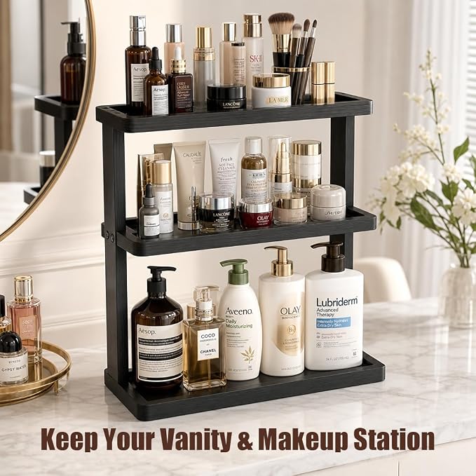 PEKER Bamboo Bathroom Organizer Countertop – Vanity Storage Shelf for Makeup, Perfume, Skincare – Natural Cosmetics Display Rack for Dresser, Sink, Kitchen – Black - Image 8