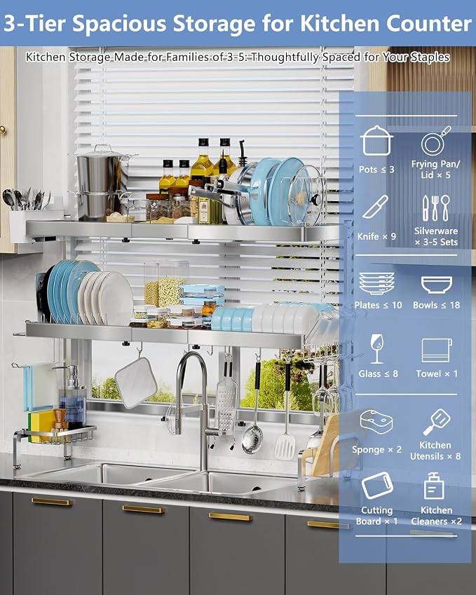 3-Tier Stainless Steel Over-the-Sink Dish Drying Rack, Expandable | Expands from 37.3 to 44.7 inches with three tiers, side hooks and holders to organize cookware, dishes and utensils. - Image 3