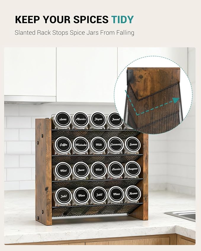 Spice Rack Organizer with 20 Glass Jars, for Cabinet Wall Mount Countertop | 4-Tier Seasoning Organizer with Labels, Chalk Marker & Funnel for Pantry, Kitchen Storage, Wood, 10.3 in W x 9.4 in H - Image 3