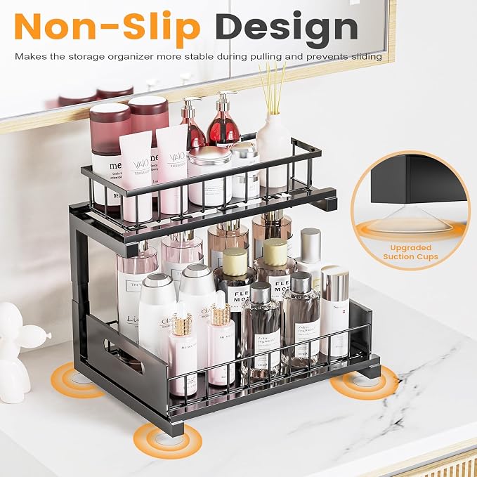 Under Sink Organizer, Heavy Duty Metal Pull Out Cabinet Organizer Slide Out Sink Shelf Organizer Height Adjustable, Multi-Purpose Storage Shelf for Kitchen Bathroom(Black,2Pack) - Image 5