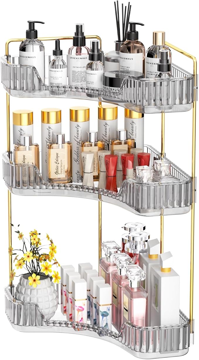 GTI 3-Tier Corner Bathroom Counter Organizer, Large Capacity Makeup Organizer Countertop, Perfume Cosmetics Skincare Vanity Organizers, Exquisite Countertop Storage for Women (Gray) by GTI