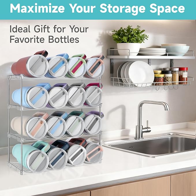 Stackable Water Bottle Organizer Large Compartment Water Bottle Holder | Tumbler Organizer for Stanley 40 oz Cup, Kitchen Cabinet Storage Organizer for Stanley Cup Accessories, 4 Tier Hold 16 Bottle - Image 5