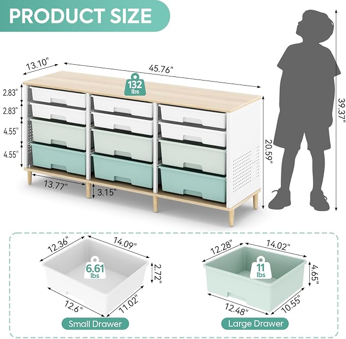 TOOLF 12 Drawers Storage Cabinet with Wooden Top and Plastic Bins,Green | Toy Shelf Storage Chest Cubby Organizer, for Home, Office, Playroom, Classroom & Craft Room - Image 3