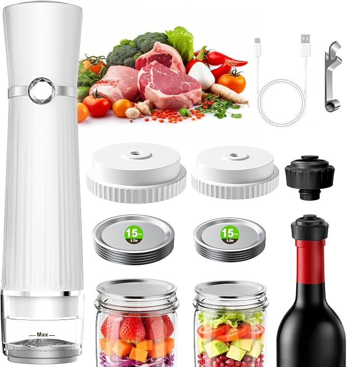 80kPa Mason Jar Vacuum Sealer with 30 Mason Lids for Food Storage | 2000mAh Vacuum Sealer Machine, Cordless & Rechargeable Mason Jar Vacuum Sealer for Food Storage,canning lids for 68/83mm by Jexqizy