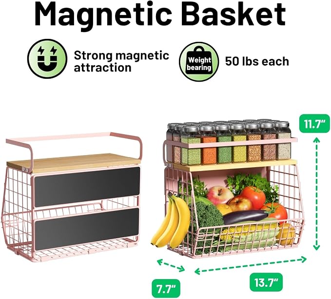 Magnetic Shelf for Fridge with Wood Lid, Fruit Potato and Onion Storage Bins, Pantry Organizers & Storage, Large Container Magnetic Spice Rack for Refrigerator, Kitchen Counter, Cabinet (Pink, 1) - Image 5
