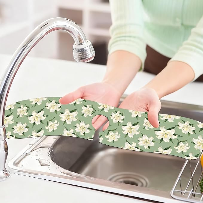 2 Pcs Kitchen Sink Splash Guard Faucet Mat Lily Faucet Mat for Sinks Flowering Plant Absorbing Drying Mats for Kitchen Bathroom, 23.6x5.5inch - Image 6